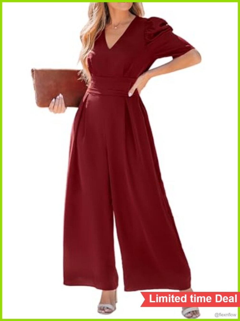 CUPSHE Women's Wide Leg Jumpsuit V-Neck Puff Sleeve Pockets Zipper